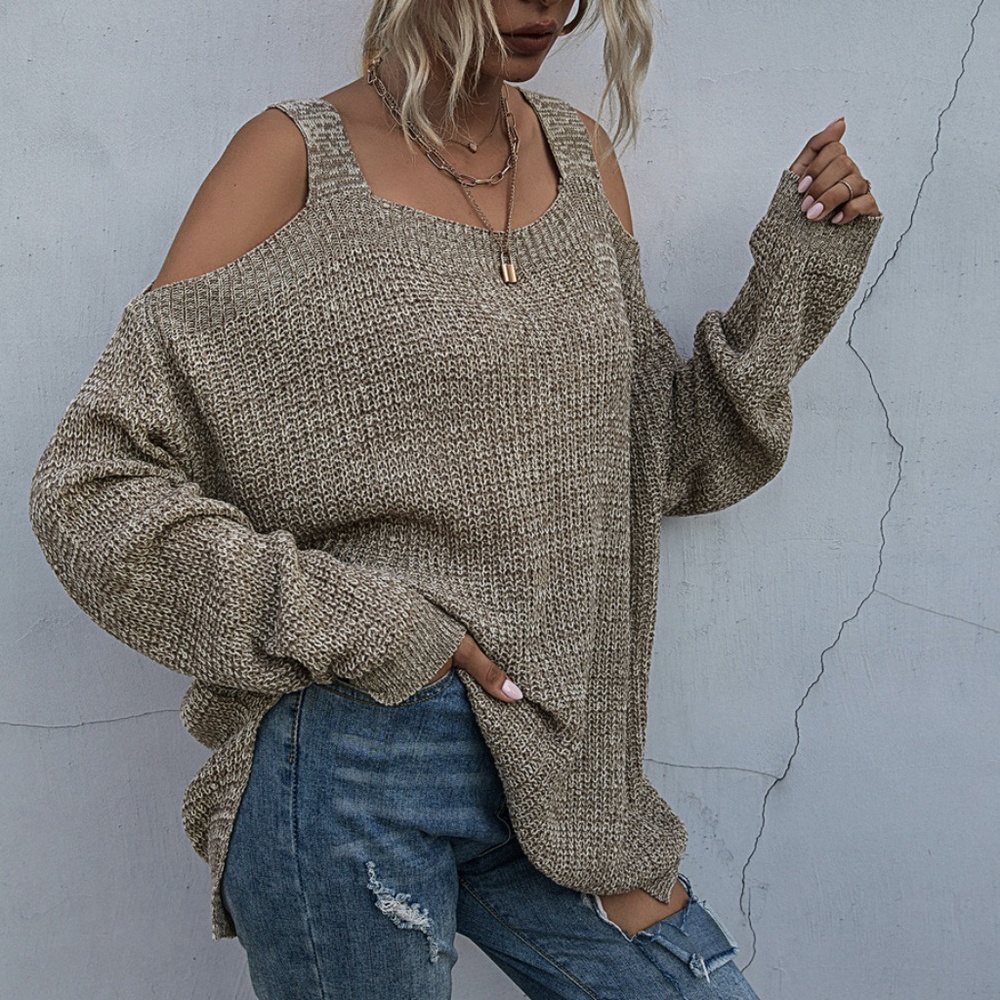 charcoal oversized cold shoulder knit fall sweater - Picture 2 of 11